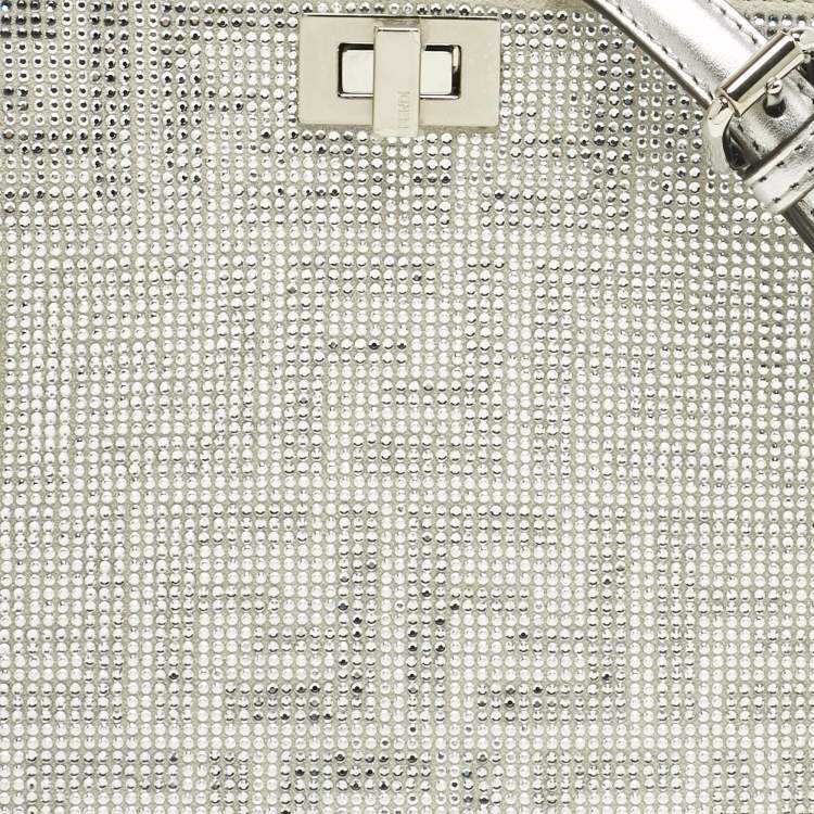 Pre Owned Fendi Silver FF Suede Crystal Petite Peekaboo ISeeU Top Handle Bag