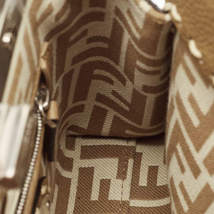 Pre Owned Fendi Brown Marco Stitch Selleria Leather Pequin Fabric Mini Peekaboo Top Handle Bag