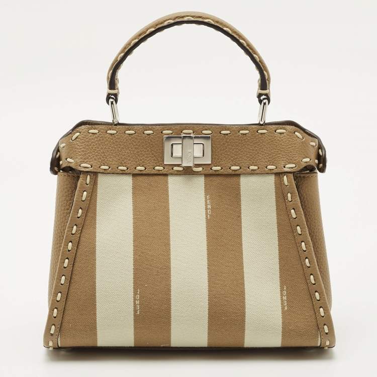 Pre Owned Fendi Brown Marco Stitch Selleria Leather Pequin Fabric Mini Peekaboo Top Handle Bag