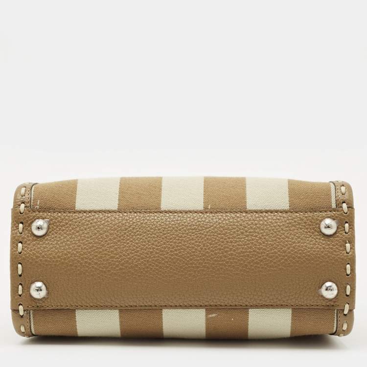 Pre Owned Fendi Brown Marco Stitch Selleria Leather Pequin Fabric Mini Peekaboo Top Handle Bag
