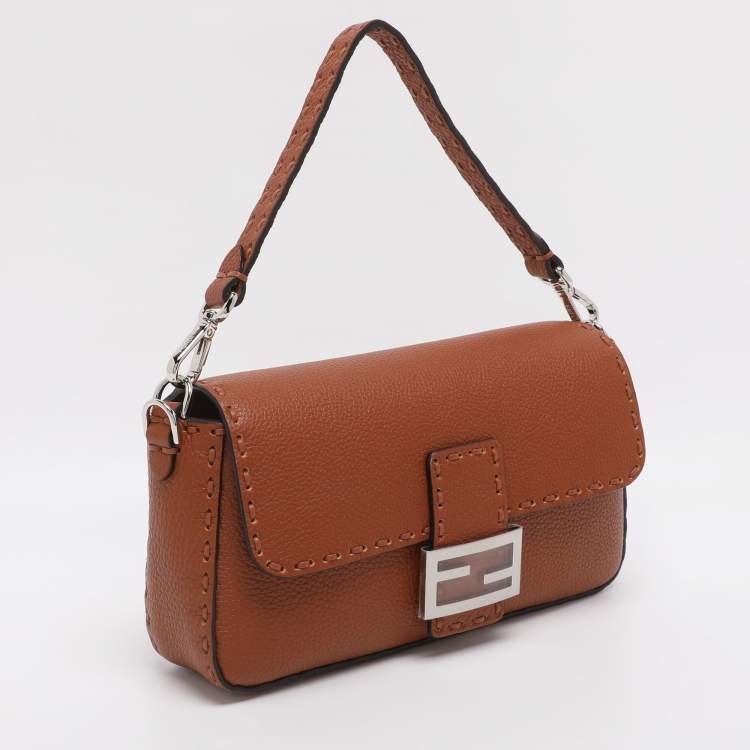 Pre Owned Fendi Brown Leather Metal Stitch Baguette Bag