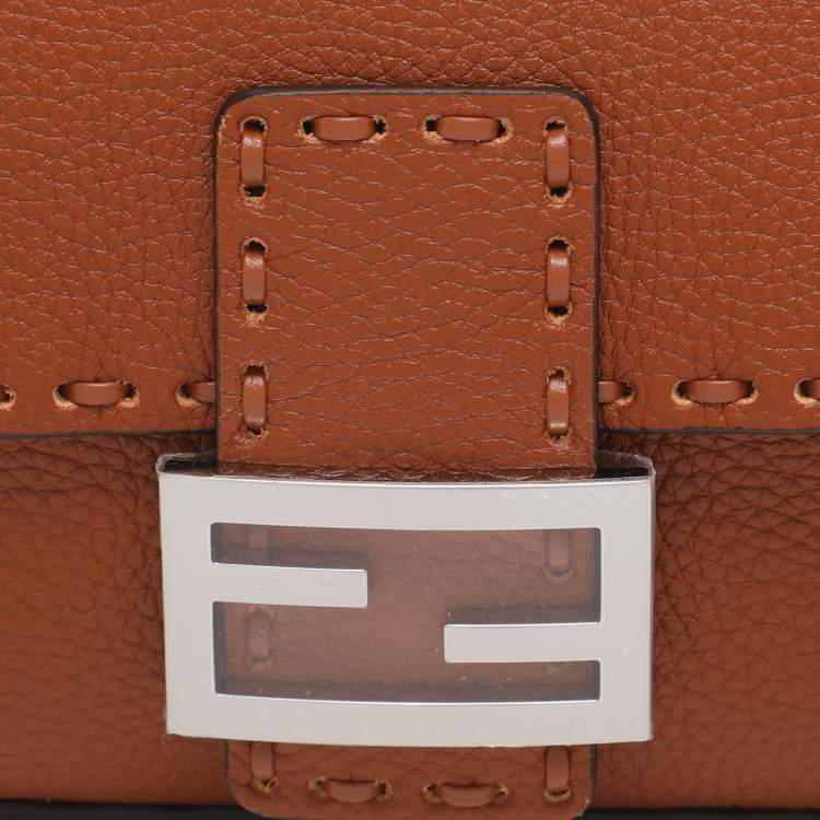 Pre Owned Fendi Brown Leather Metal Stitch Baguette Bag