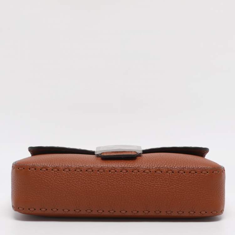 Pre Owned Fendi Brown Leather Metal Stitch Baguette Bag