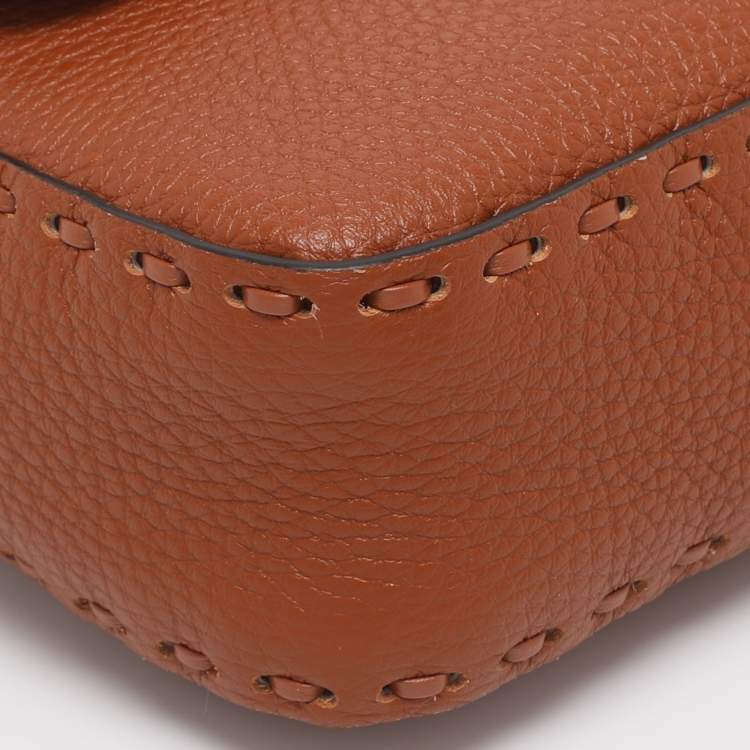 Pre Owned Fendi Brown Leather Metal Stitch Baguette Bag