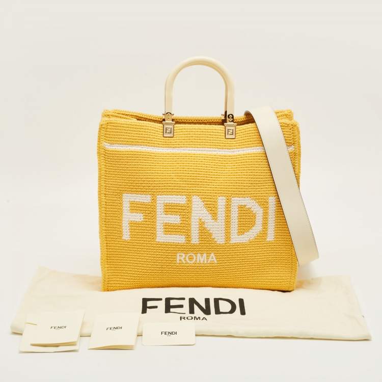 Pre Owned Fendi Yellow/White Crochet Fabric Medium Sunshine Shopper Tote