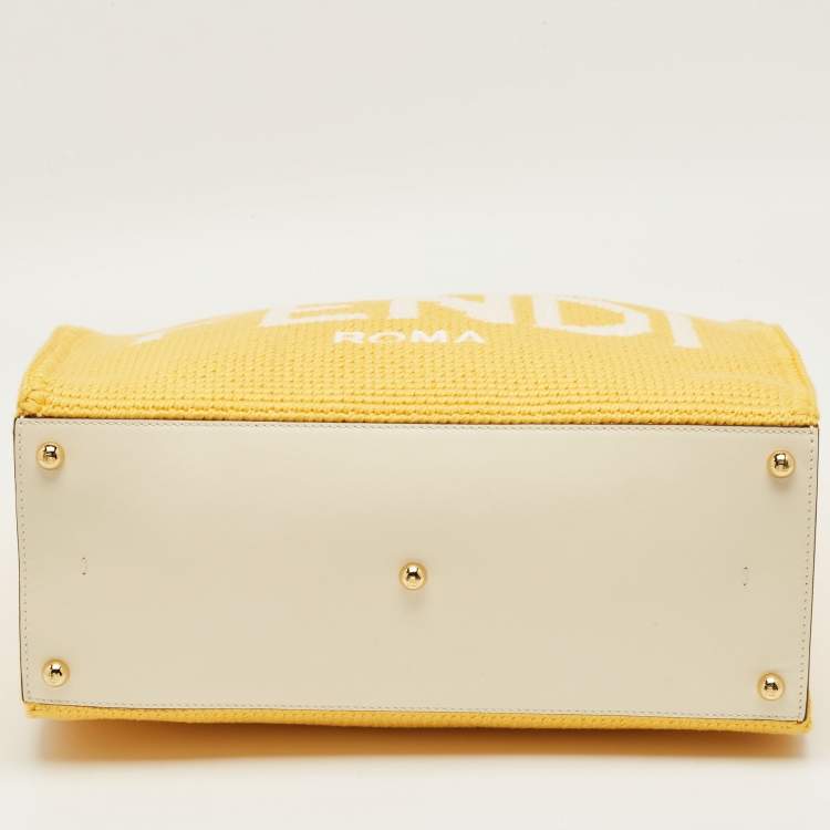 Pre Owned Fendi Yellow/White Crochet Fabric Medium Sunshine Shopper Tote