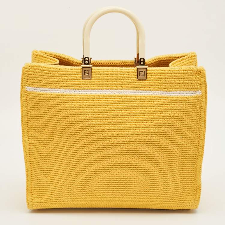 Pre Owned Fendi Yellow/White Crochet Fabric Medium Sunshine Shopper Tote
