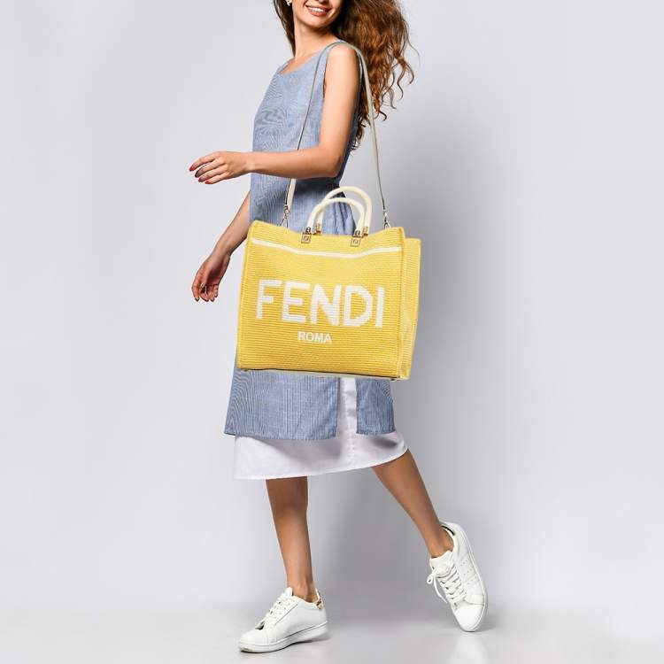 Pre Owned Fendi Yellow/White Crochet Fabric Medium Sunshine Shopper Tote