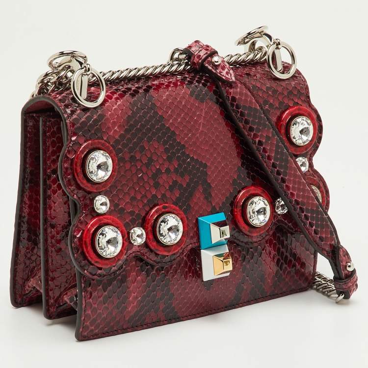 Pre Owned Fendi Dark Red/Black Python Small Scalloped Kan I Shoulder Bag