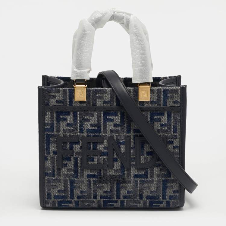 Pre Owned Fendi Sunshine Small Navy Blue FF Woven Fabric and Leather Tote