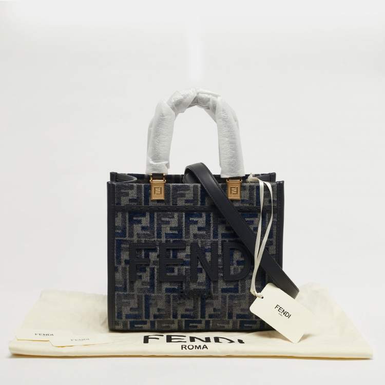 Pre Owned Fendi Sunshine Small Navy Blue FF Woven Fabric and Leather Tote