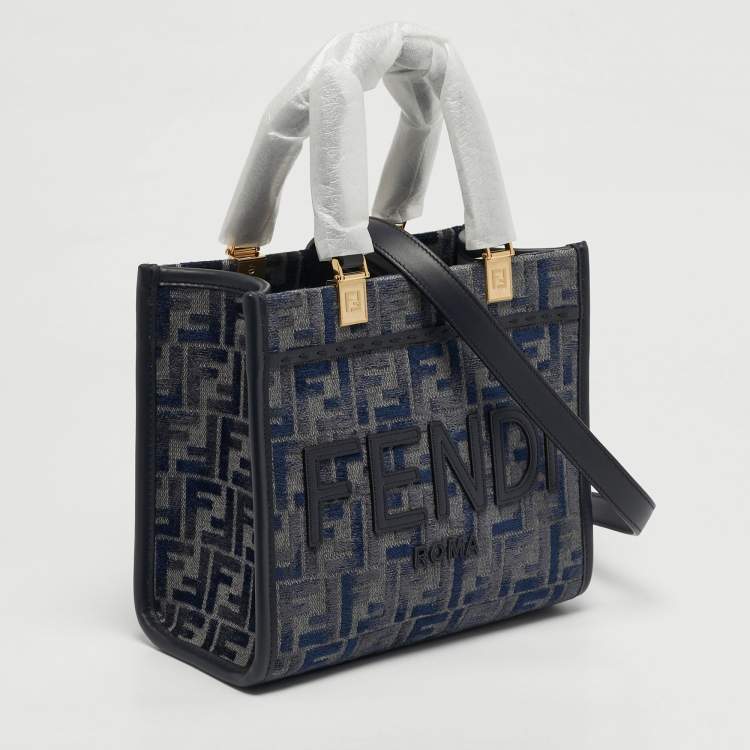 Pre Owned Fendi Sunshine Small Navy Blue FF Woven Fabric and Leather Tote