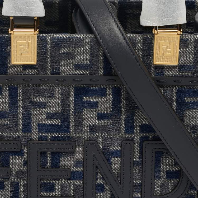 Pre Owned Fendi Sunshine Small Navy Blue FF Woven Fabric and Leather Tote