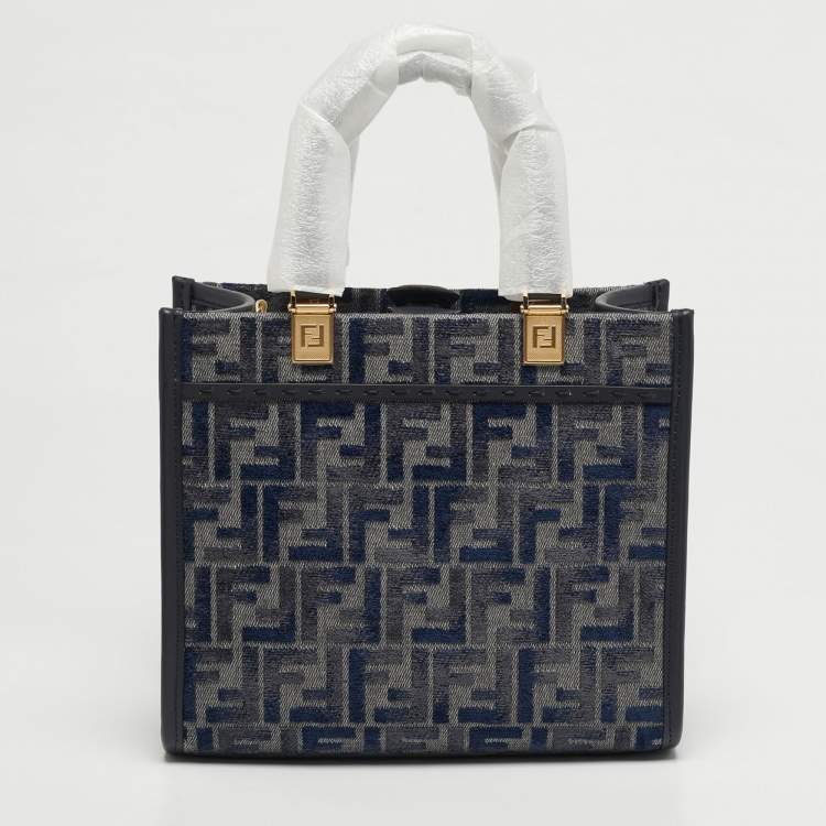 Pre Owned Fendi Sunshine Small Navy Blue FF Woven Fabric and Leather Tote