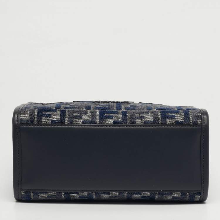 Pre Owned Fendi Sunshine Small Navy Blue FF Woven Fabric and Leather Tote