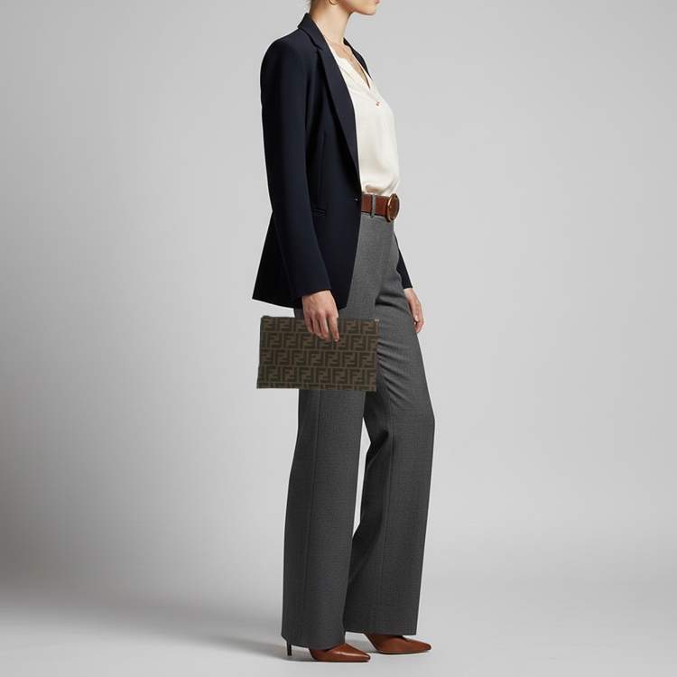 Pre Owned Fendi Baguette Medium Tobacco Zucca Canvas Flat Pouch