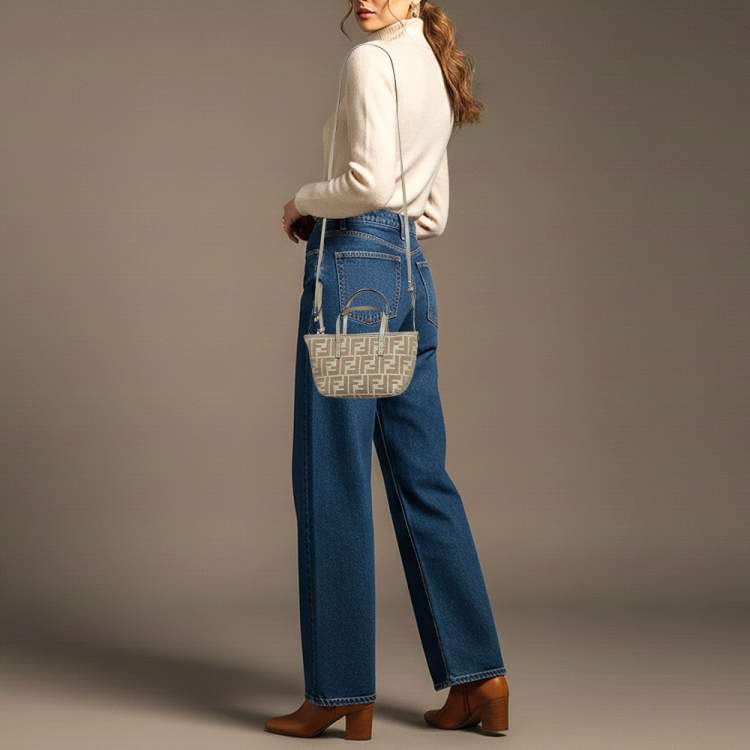 Pre Owned Fendi Roll Mini Beige Zucca Jacquard Tote