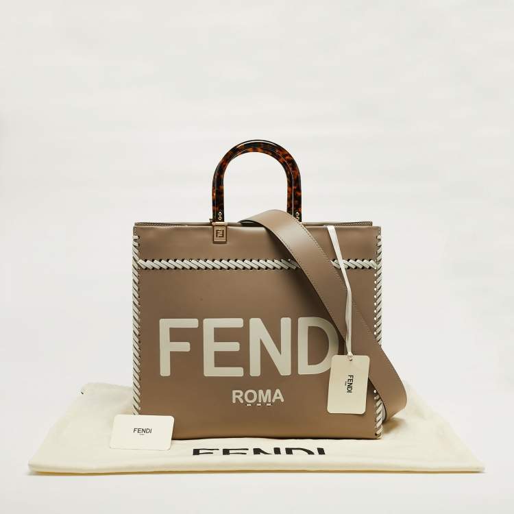 Pre Owned Fendi Sunshine Whipstitch Medium Beige/White Leather Shopper Tote
