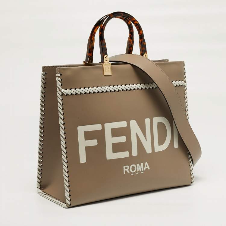 Pre Owned Fendi Sunshine Whipstitch Medium Beige/White Leather Shopper Tote