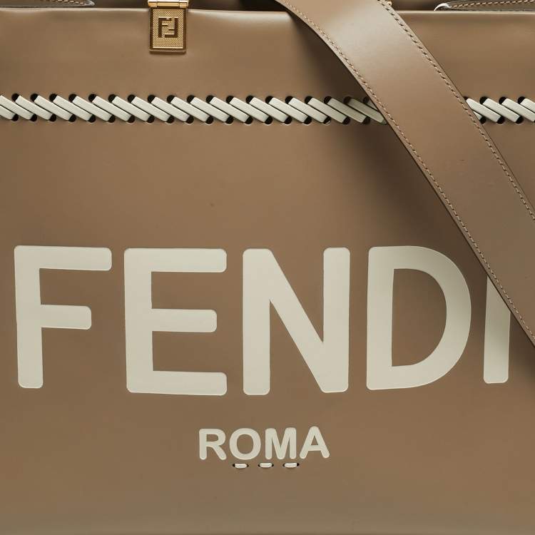 Pre Owned Fendi Sunshine Whipstitch Medium Beige/White Leather Shopper Tote