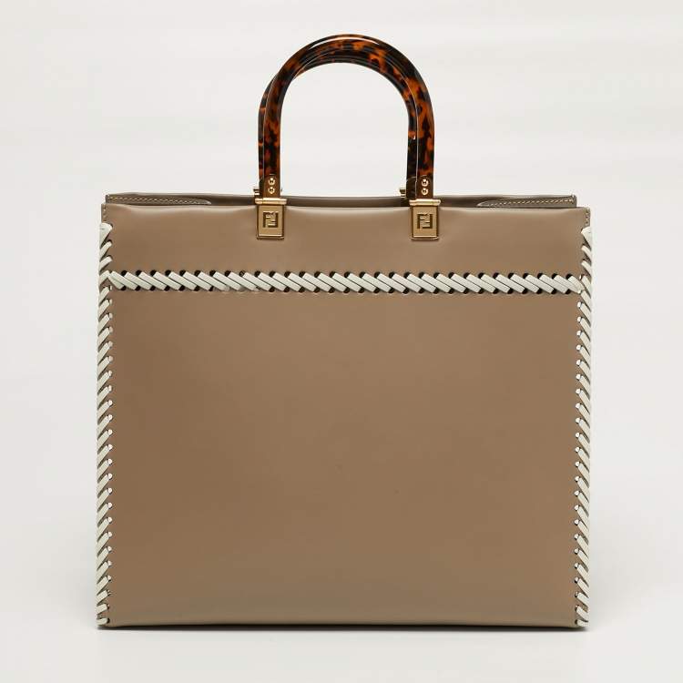 Pre Owned Fendi Sunshine Whipstitch Medium Beige/White Leather Shopper Tote
