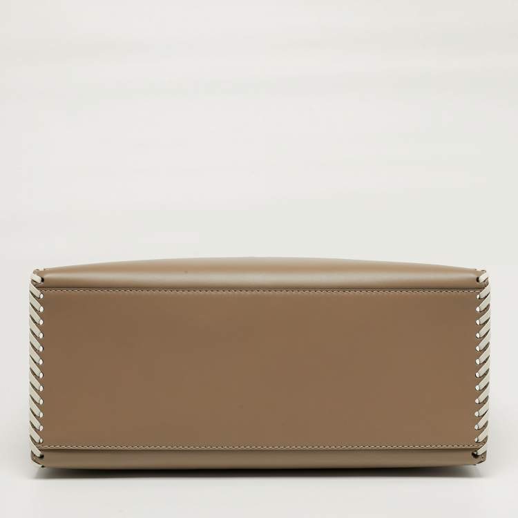 Pre Owned Fendi Sunshine Whipstitch Medium Beige/White Leather Shopper Tote