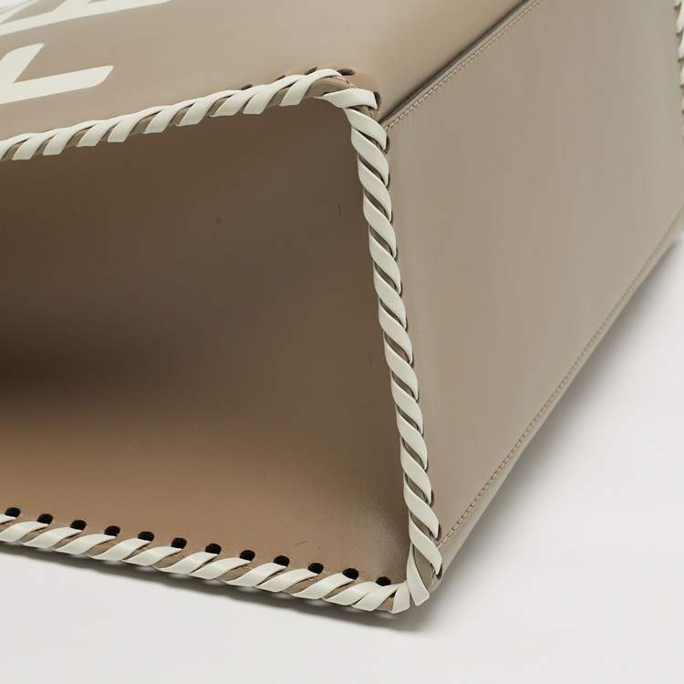 Pre Owned Fendi Sunshine Whipstitch Medium Beige/White Leather Shopper Tote