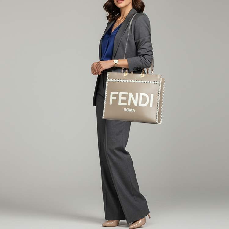 Pre Owned Fendi Sunshine Whipstitch Medium Beige/White Leather Shopper Tote