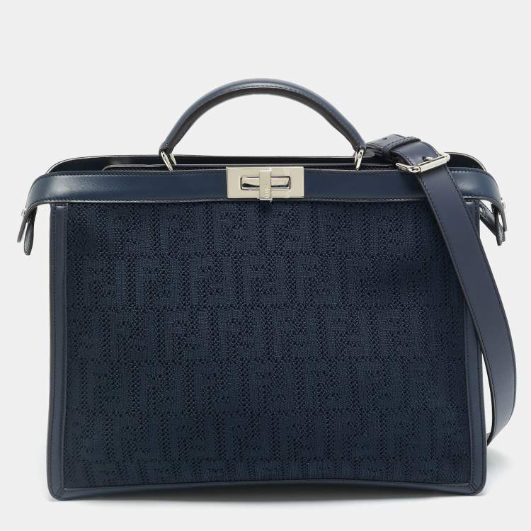 Pre Owned Fendi Peekaboo ISeeU Medium Navy Blue Jacquard Wover Fabric and Leather Top Handle Bag