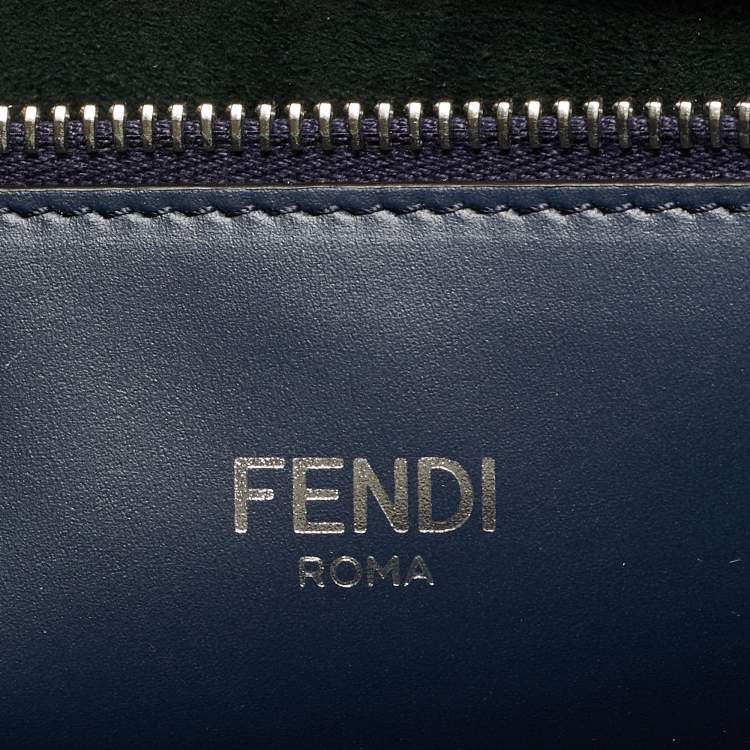 Pre Owned Fendi Peekaboo ISeeU Medium Navy Blue Jacquard Wover Fabric and Leather Top Handle Bag