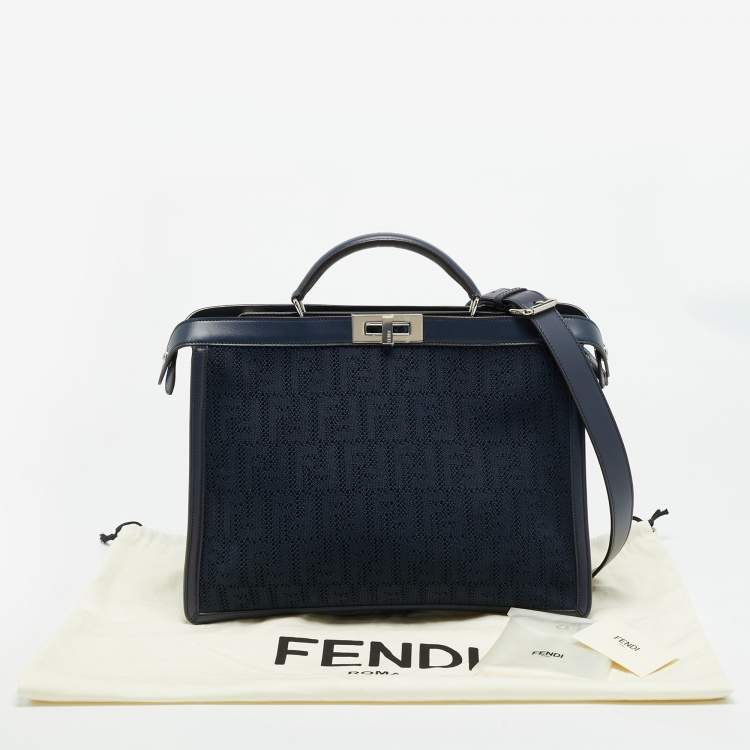 Pre Owned Fendi Peekaboo ISeeU Medium Navy Blue Jacquard Wover Fabric and Leather Top Handle Bag