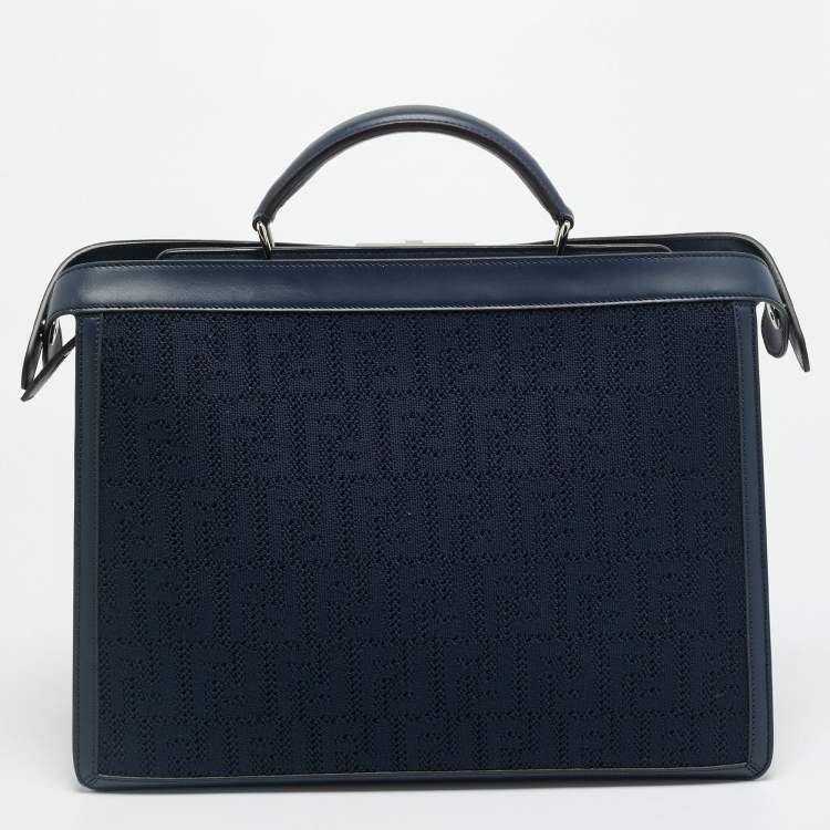 Pre Owned Fendi Peekaboo ISeeU Medium Navy Blue Jacquard Wover Fabric and Leather Top Handle Bag