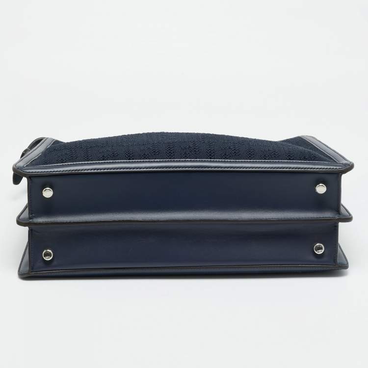 Pre Owned Fendi Peekaboo ISeeU Medium Navy Blue Jacquard Wover Fabric and Leather Top Handle Bag