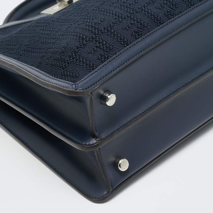 Pre Owned Fendi Peekaboo ISeeU Medium Navy Blue Jacquard Wover Fabric and Leather Top Handle Bag