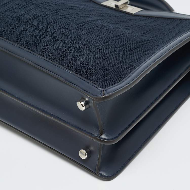 Pre Owned Fendi Peekaboo ISeeU Medium Navy Blue Jacquard Wover Fabric and Leather Top Handle Bag