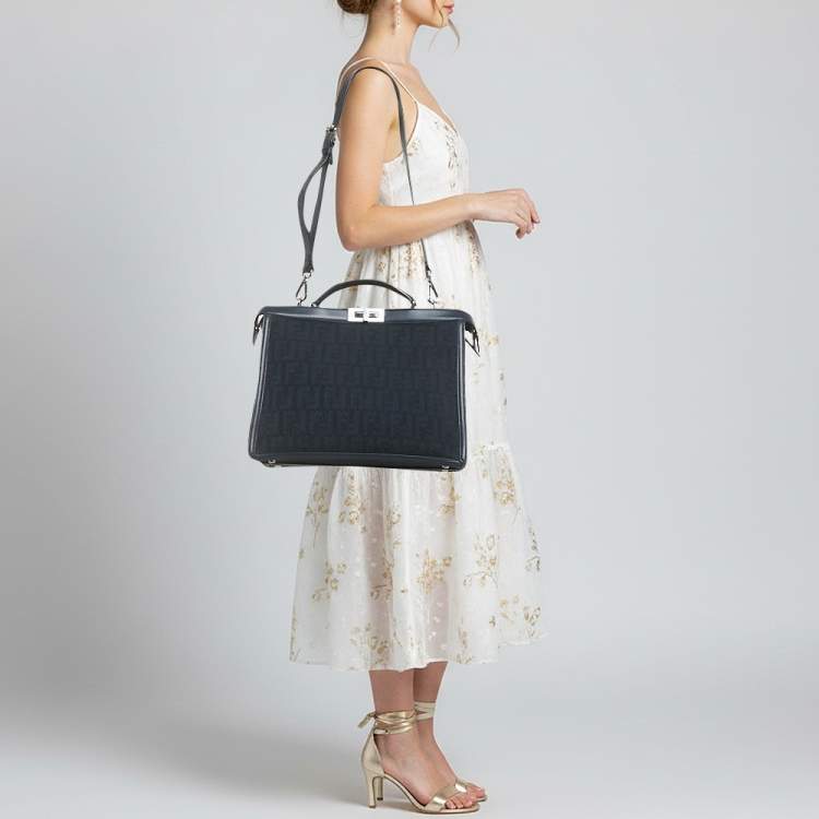 Pre Owned Fendi Peekaboo ISeeU Medium Navy Blue Jacquard Wover Fabric and Leather Top Handle Bag