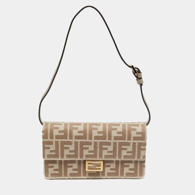 Pre Owned Fendi Baguette Beige FF Jacquard Denim Wallet On Chain