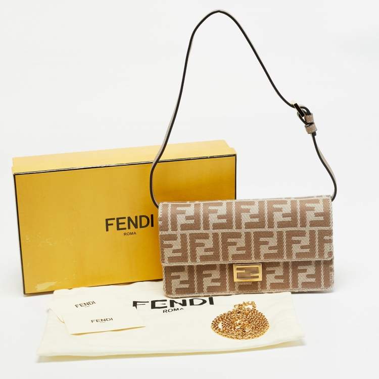 Pre Owned Fendi Baguette Beige FF Jacquard Denim Wallet On Chain
