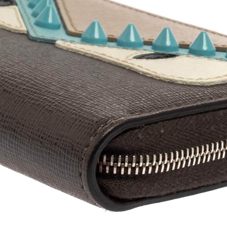 Pre Owned Fendi Multicolor Leather Mini Monster Eyes Zip Around Wallet