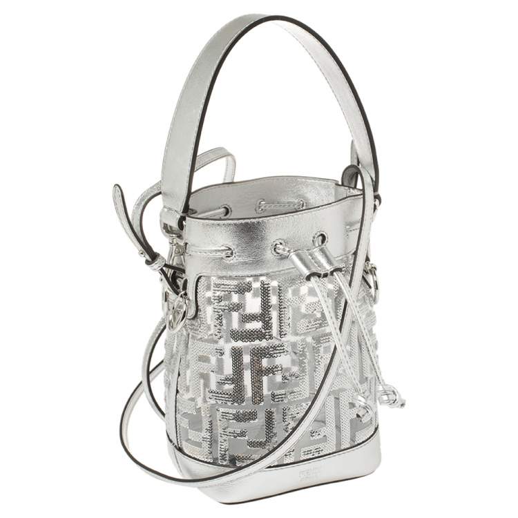 Pre Owned Fendi Silver PVC and Leather Mini Sequin F Mon Tresor Drawstring Bucket Bag