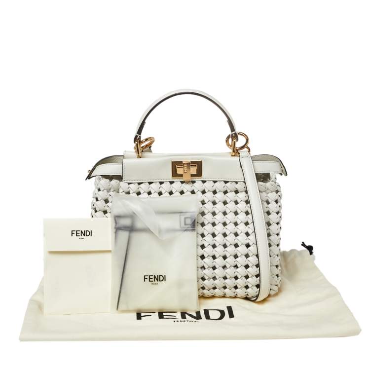 مملوكة مسبقًا Fendi White Woven Leather Mini Peekaboo Top Handle Bag