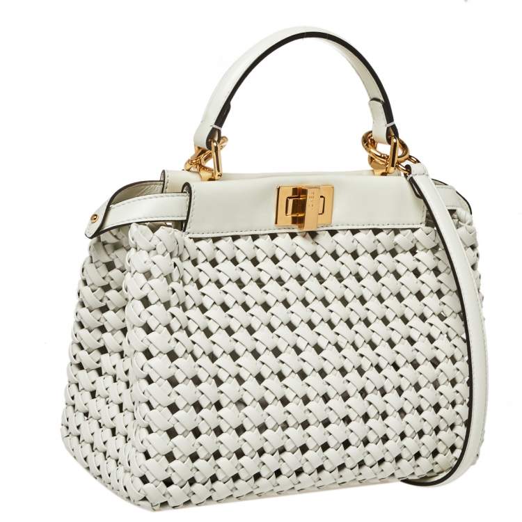 مملوكة مسبقًا Fendi White Woven Leather Mini Peekaboo Top Handle Bag