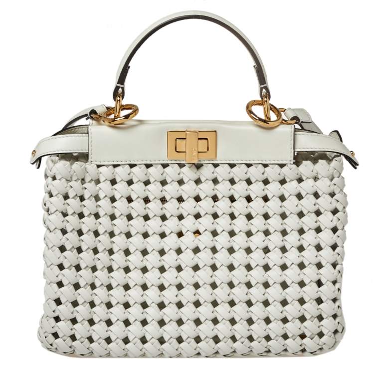 مملوكة مسبقًا Fendi White Woven Leather Mini Peekaboo Top Handle Bag