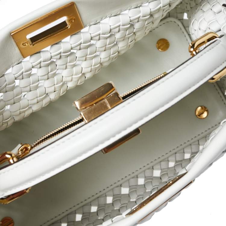 مملوكة مسبقًا Fendi White Woven Leather Mini Peekaboo Top Handle Bag
