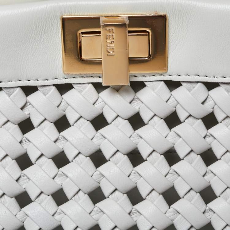 مملوكة مسبقًا Fendi White Woven Leather Mini Peekaboo Top Handle Bag