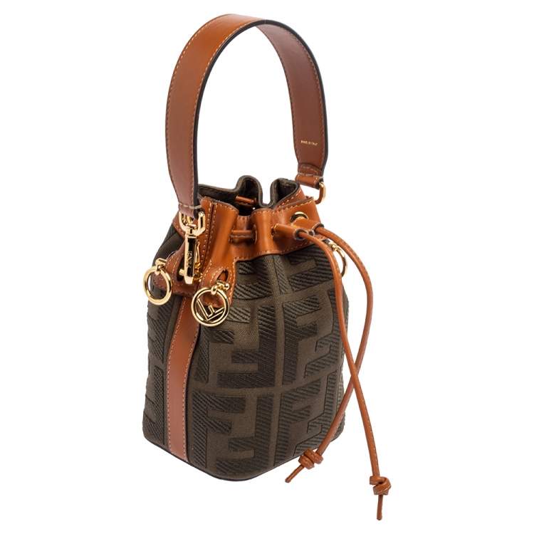 Pre Owned Fendi Green/Brown Zucca Canvas and Leather Mini Mon Tresor Drawstring Bucket Bag