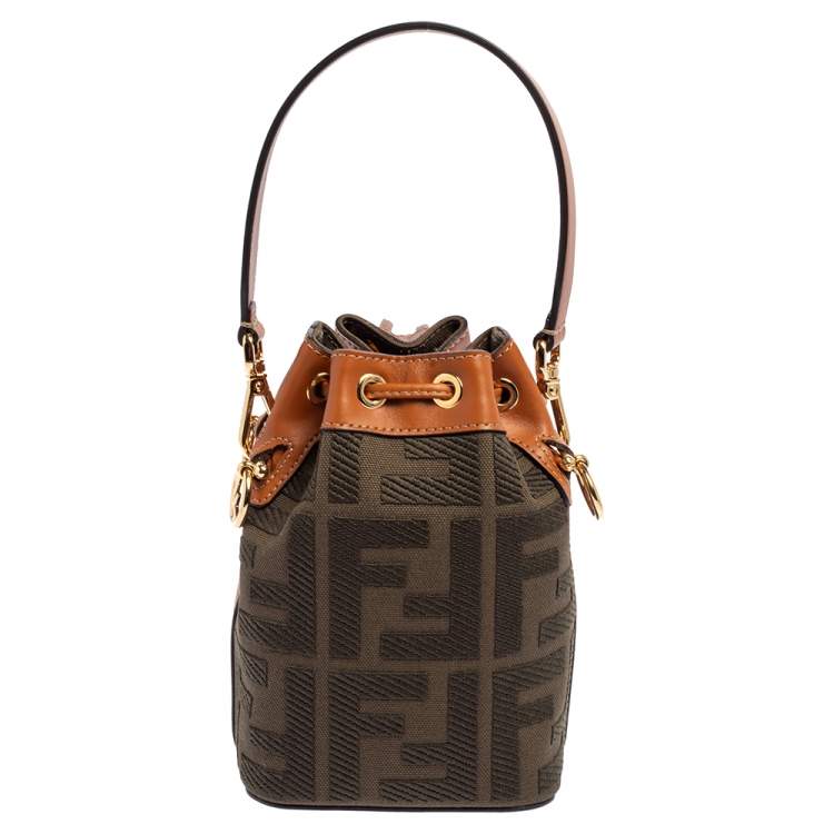 Pre Owned Fendi Green/Brown Zucca Canvas and Leather Mini Mon Tresor Drawstring Bucket Bag