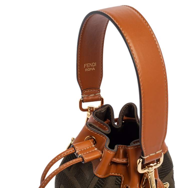 Pre Owned Fendi Green/Brown Zucca Canvas and Leather Mini Mon Tresor Drawstring Bucket Bag