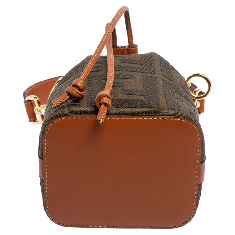 Pre Owned Fendi Green/Brown Zucca Canvas and Leather Mini Mon Tresor Drawstring Bucket Bag