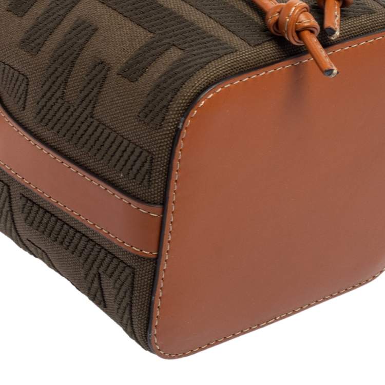 Pre Owned Fendi Green/Brown Zucca Canvas and Leather Mini Mon Tresor Drawstring Bucket Bag